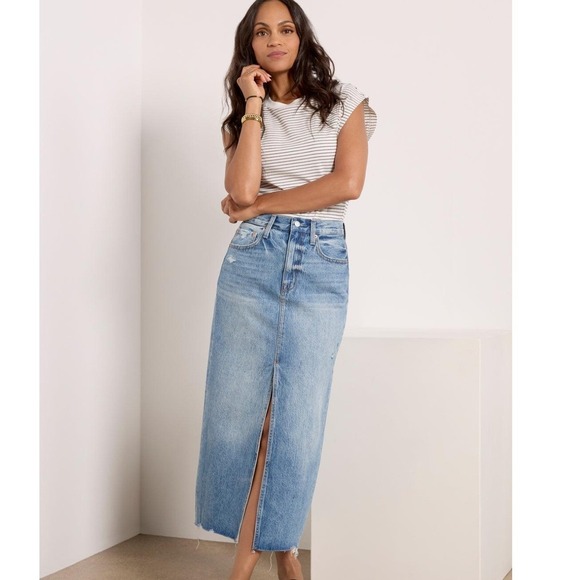 pistola Dresses & Skirts - Pistola Alice Denim Midi Skirt Women Size 25 Light High Rise Front Slit Raw Hem